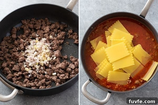One-Pan Skillet Lasagna Recipe with Melty Mozzarella 6 skillet-lasagna process collage