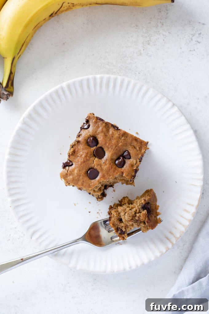 Moist Banana Snack Cake Recipe for Lunchboxes 3 Banana chocolate chip cake on a plate with bite removed.