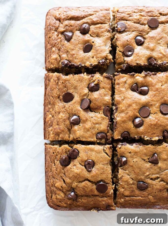 Moist Banana Snack Cake Recipe for Lunchboxes 5 Banana oat snack cake cut into squares.
