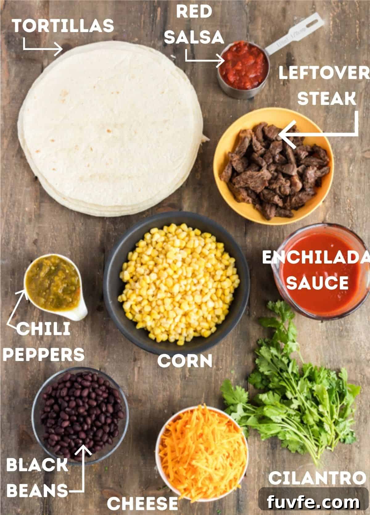 Leftover steak and other ingredients to make beef enchiladas.
