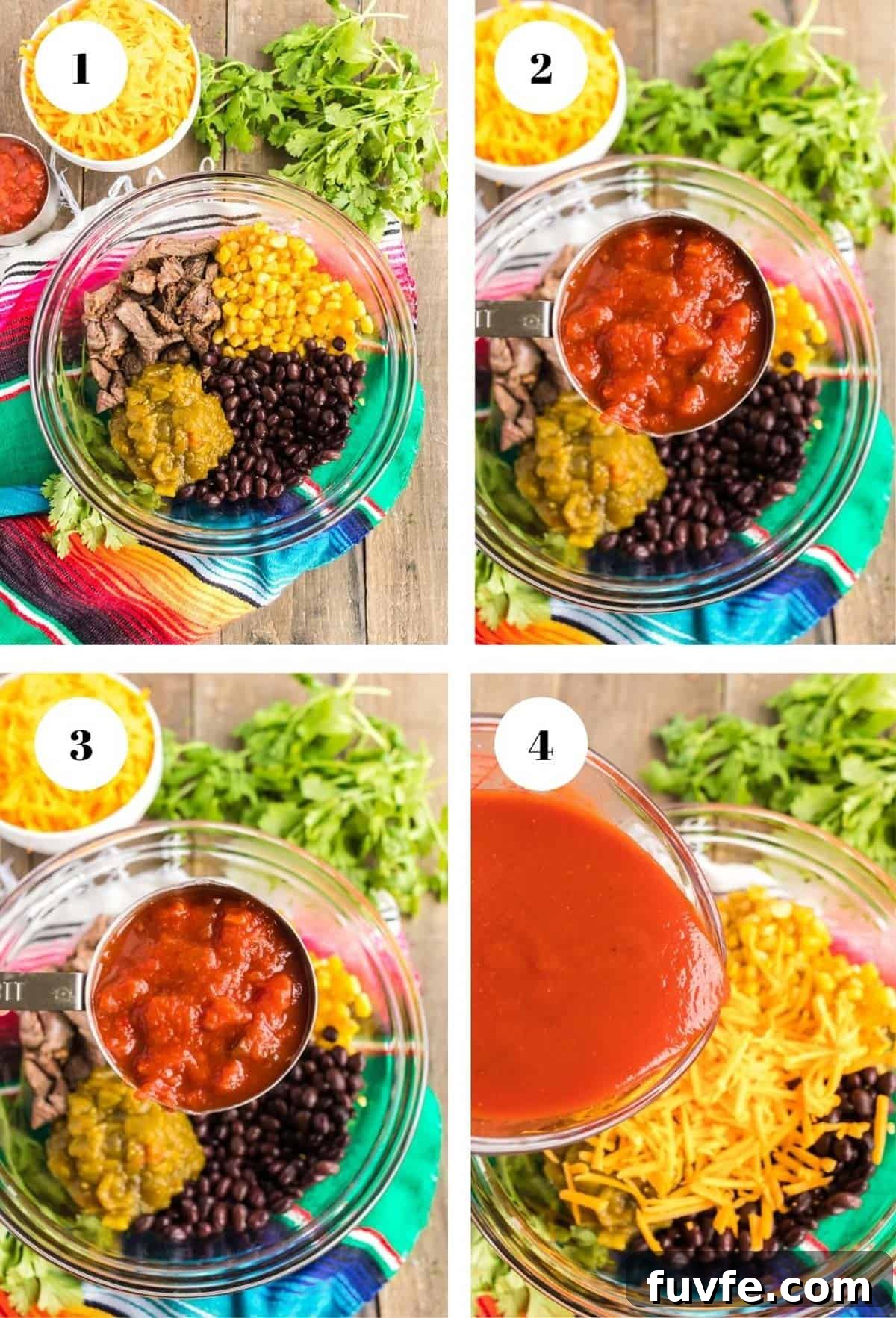 Pouring ingredients into a bowl to make enchiladas.