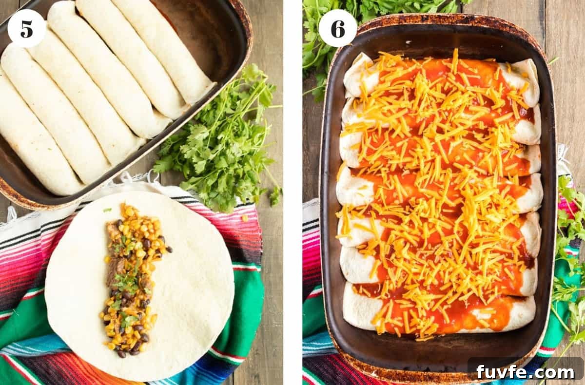 Rolling enchiladas and then placeing them in a baking pan.