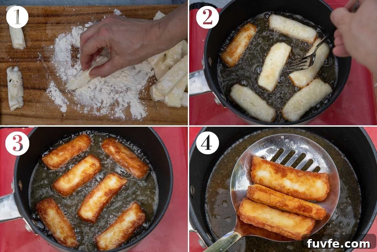 Crispy Halloumi Fries Recipe: Golden, Crunchy Cheese Fries 4 4 numbered images showing how to make halloumi fries including rolling them in flour, frying them, flipping over with a fork and taking out of the pan with a slotted spoon
