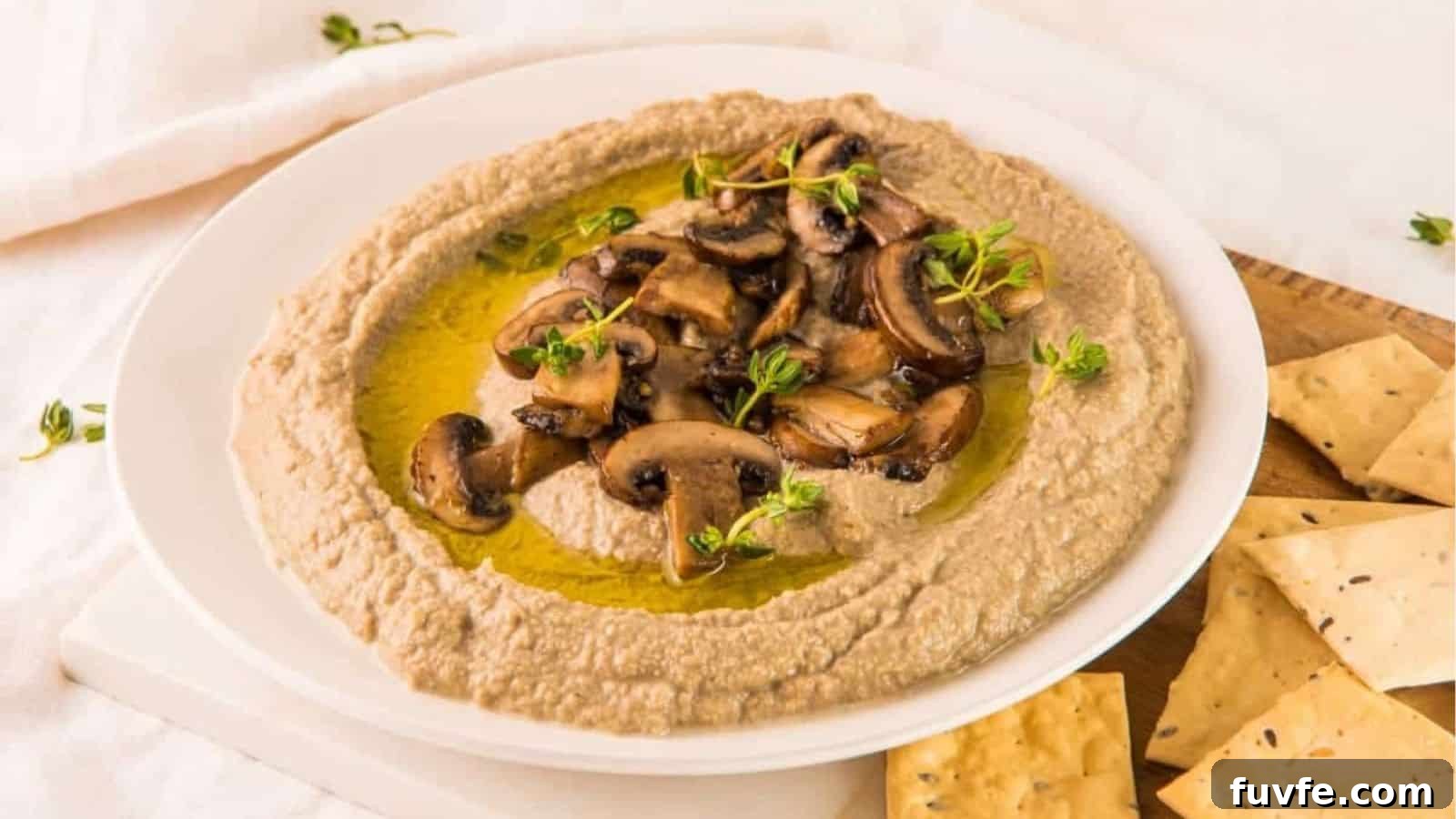 Flavorful Mushroom Hummus with Sautéed Garlic.