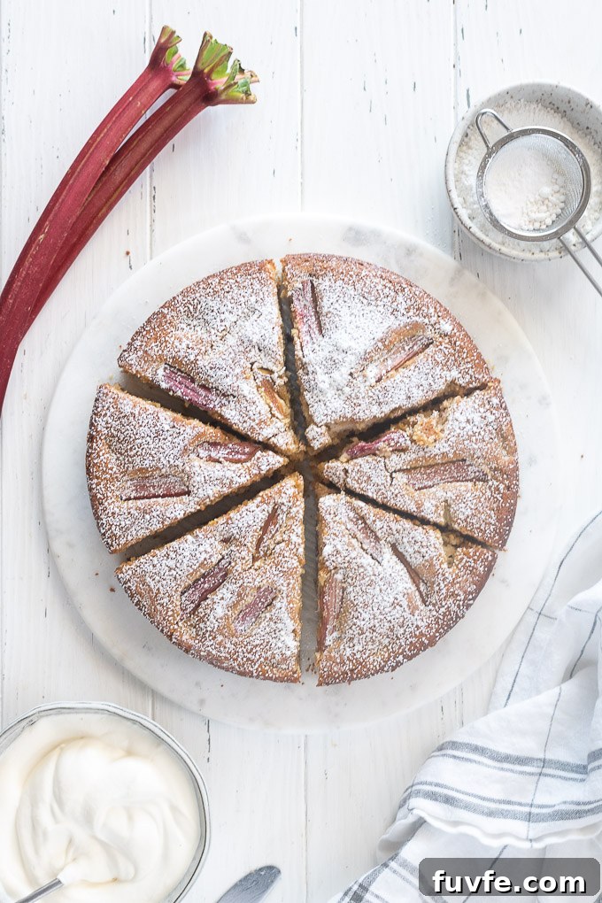 Rhubarb almond cake cut into slices