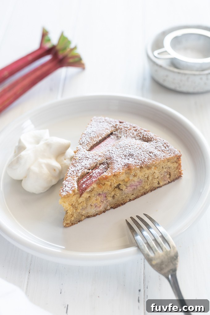Slice of rhubarb cake on a plate with whipped cream