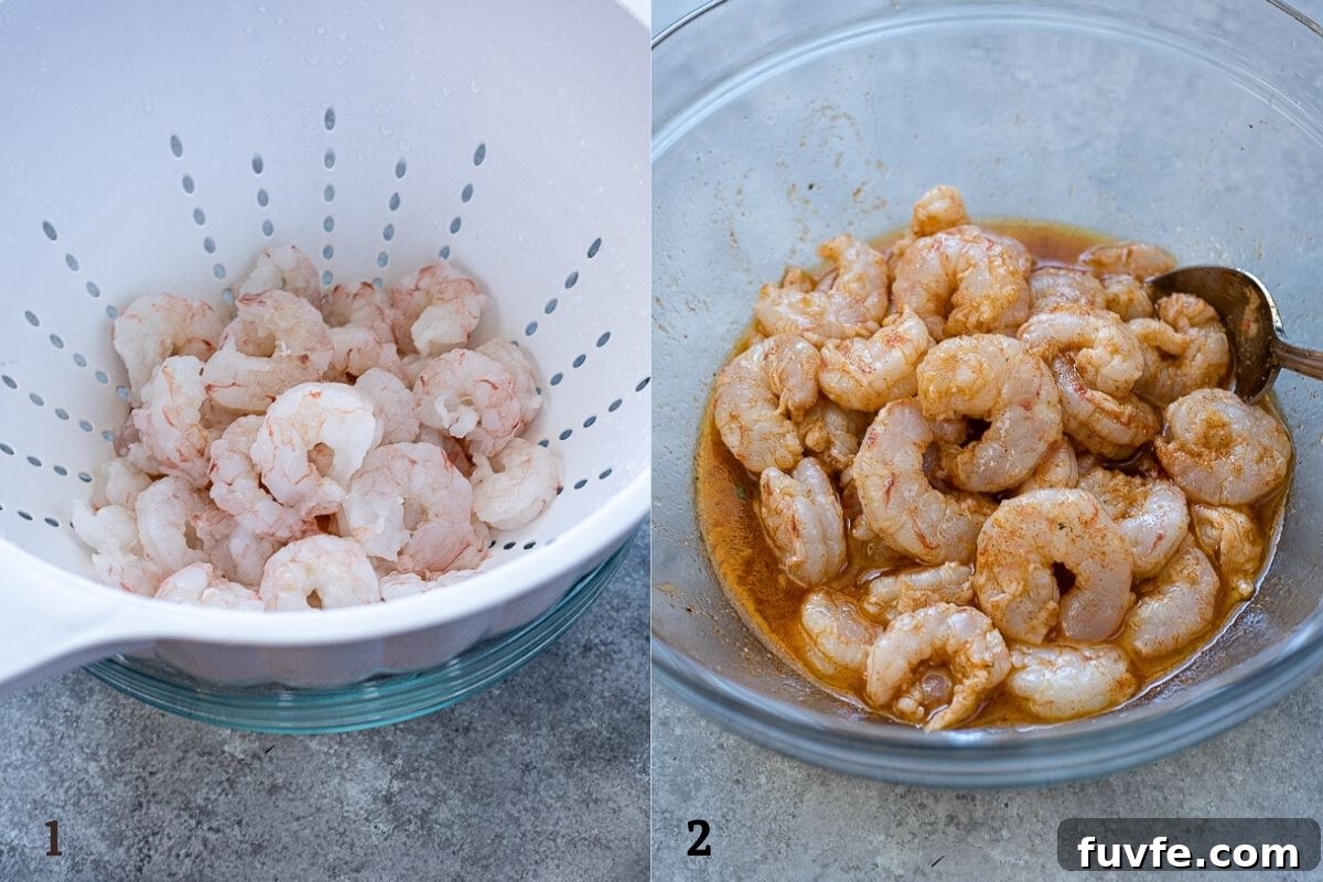 thawed shrimp and marinating shrimp process collage
