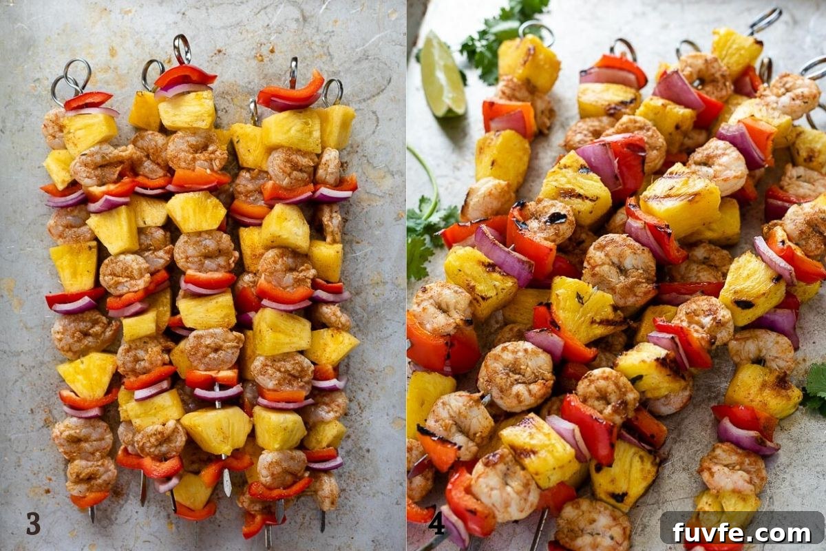 Grilled Jerk Shrimp and Pineapple Skewers 6 jerk pineapple shrimp skewers before and after grilling collage