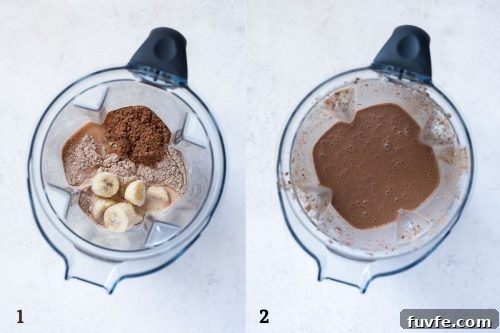 chocolate banana protein smoothie before and after blending