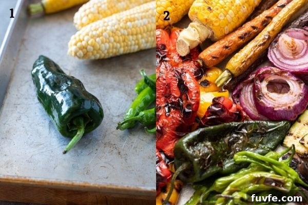 Collage of poblano pepper before and after grilling