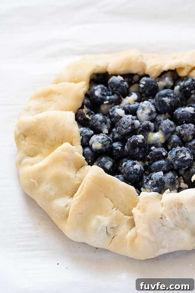 Edges crimped around blueberry galette.
