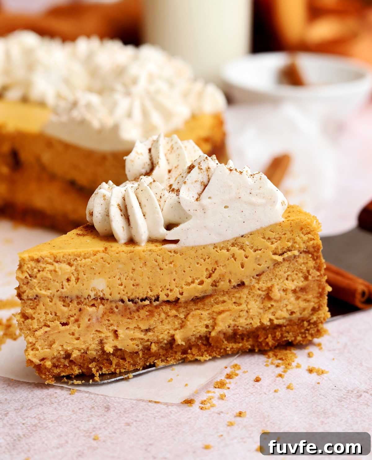 slice of cinnamon swirl pumpkin cheesecake on cake server