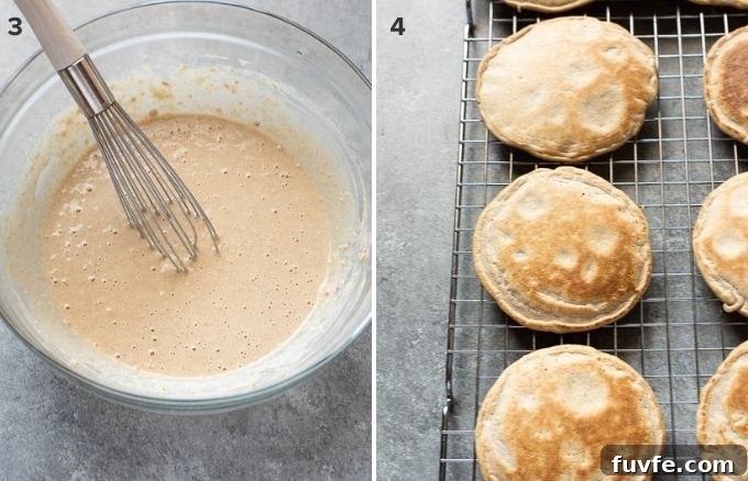 Oat flour pancake batter and pancakes on wire rack