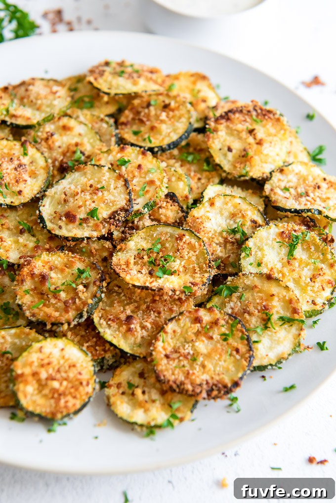 Crispy Oven-Baked Zucchini Chips Recipe 6 Crispy baked zucchini chips on a plate with parsley sprinkled on top