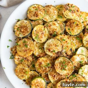 Crispy Oven-Baked Zucchini Chips Recipe 8 Baked zucchini chips on a serving plate