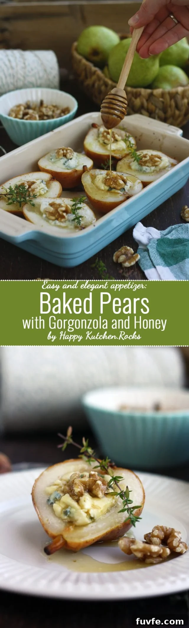 Baked Pears with Gorgonzola and Honey: Easy, delicious and elegant appetizer for special occasions. You only need 5 ingredients and 20 minutes to make it!