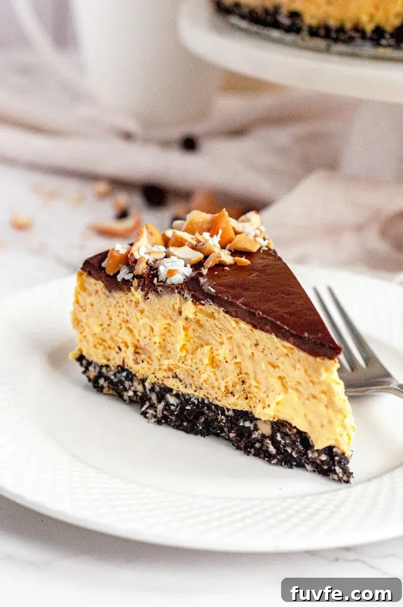 A slice of no-bake nanaimo bar cheesecake topped with salted cshews and shredded coconut sitting on a white plate with a silver fork behind the cheesecake slice.