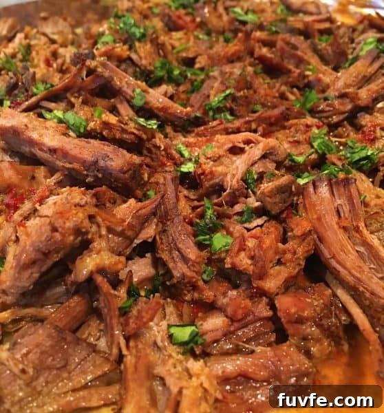 Beef Barbacoa shredded on a cookie sheet
