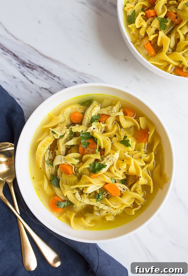 Bowl of instant pot chicken noodle soup with spoons