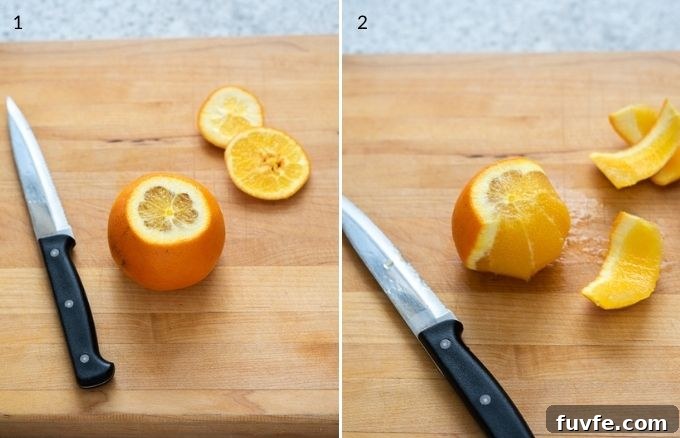 removing the peel from the top, bottom and sides of orange