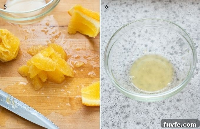 Segmented oranges and orange juice in a bowl