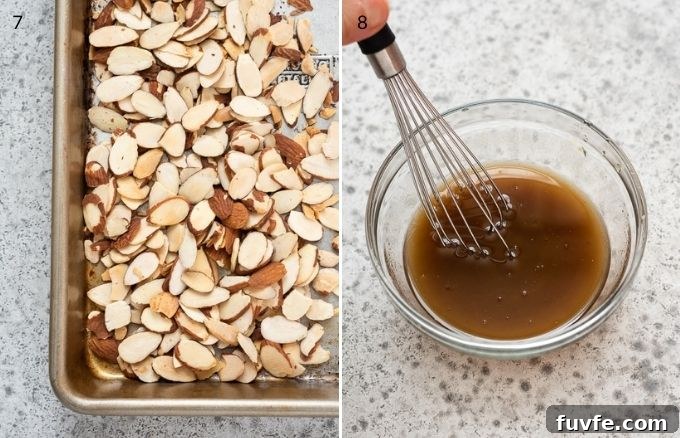 Toasted sliced almonds and asian dressing in a bowl