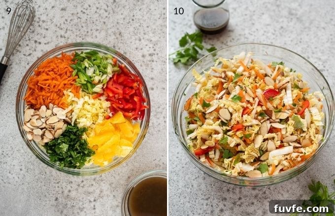 napa cabbage salad before and after tossing