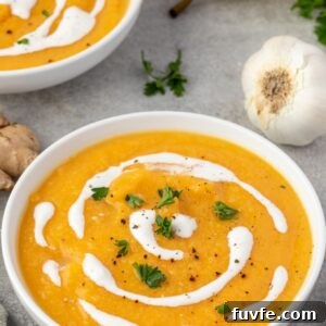 Roasted butternut squash and pear soup in a bowl