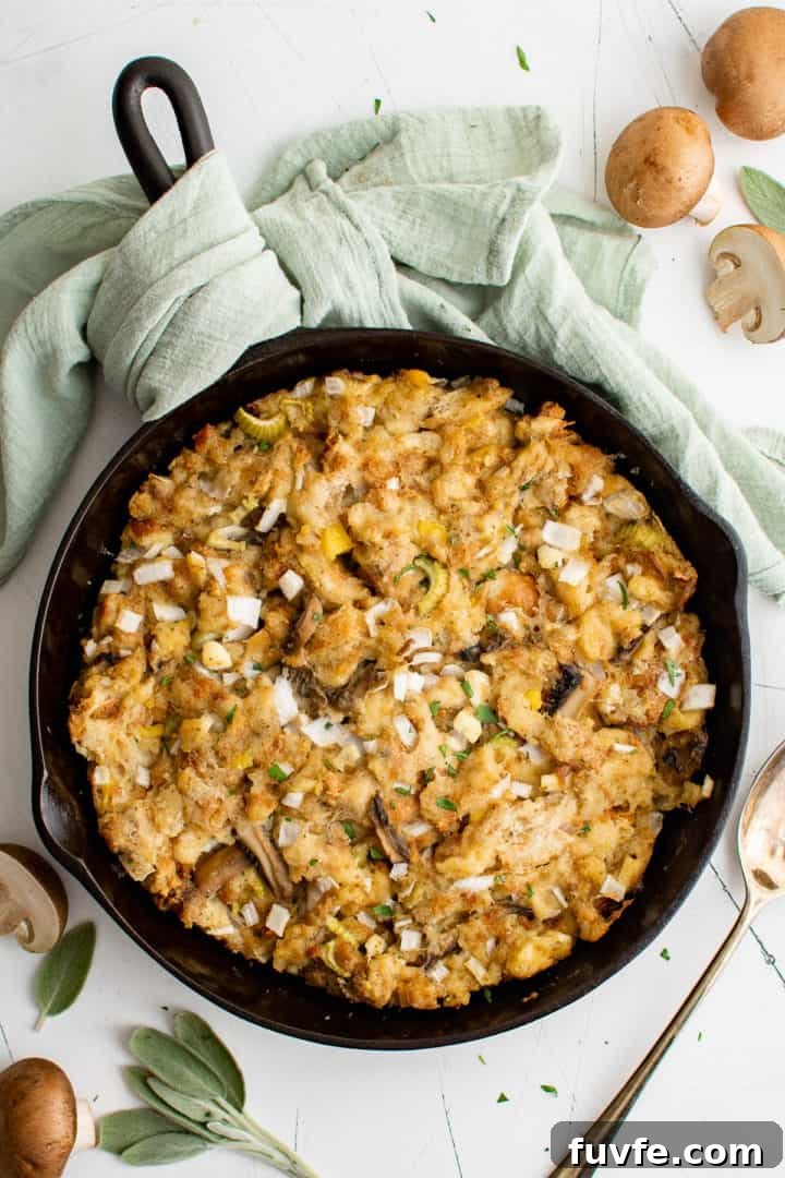 Savory Sage Stuffing Recipe for Thanksgiving and Roast Dinners 2 Top down view of sage stuffing in cast iron.