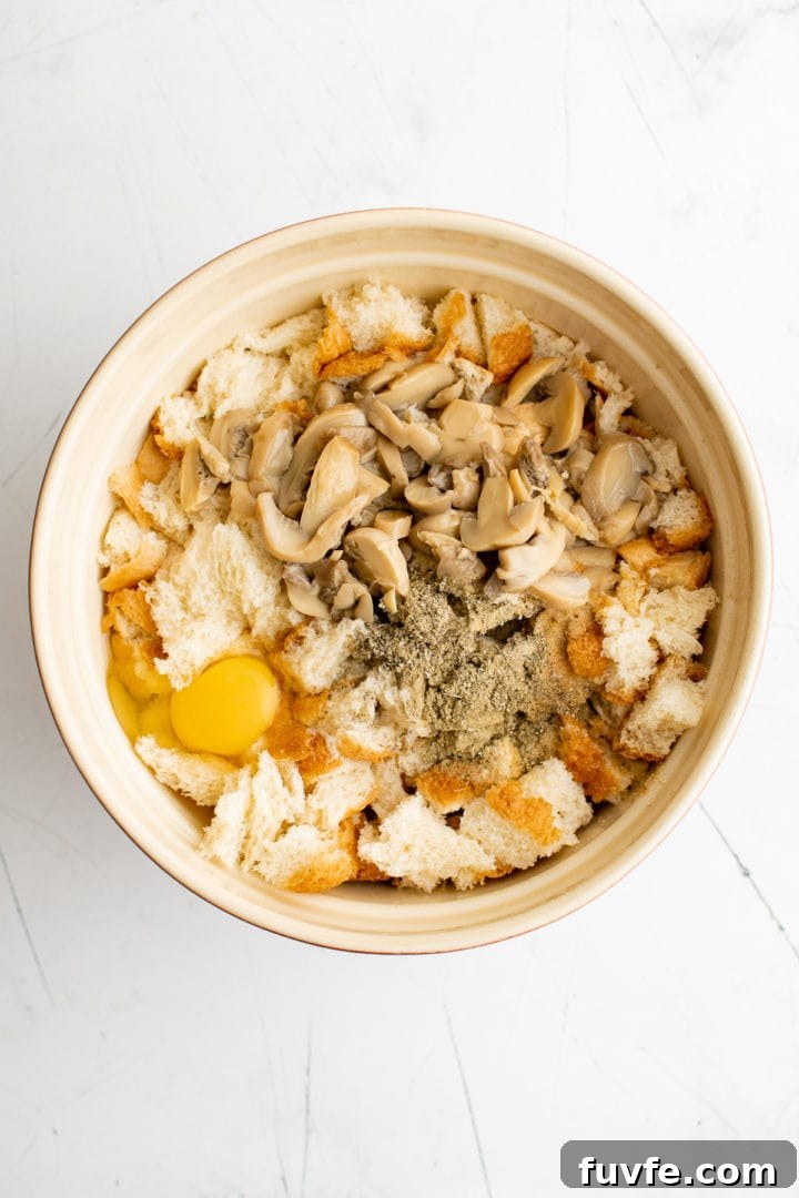 Savory Sage Stuffing Recipe for Thanksgiving and Roast Dinners 5 Ingredients for sage stuffing in a bowl.