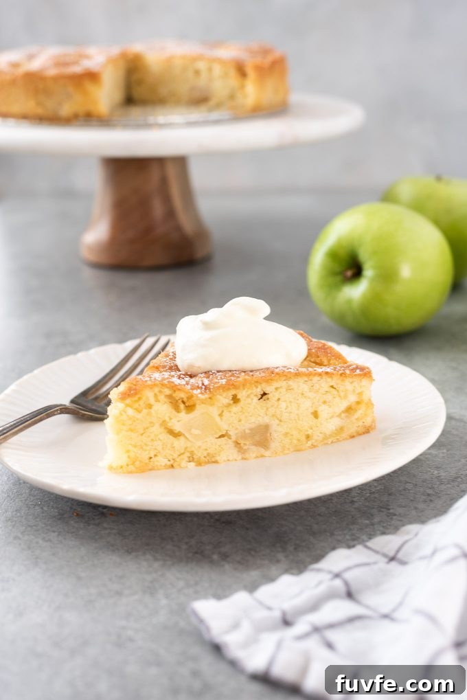 Classic French Apple Cake Recipe with Cinnamon 10 french apple cake on a plate topped with whipped cream