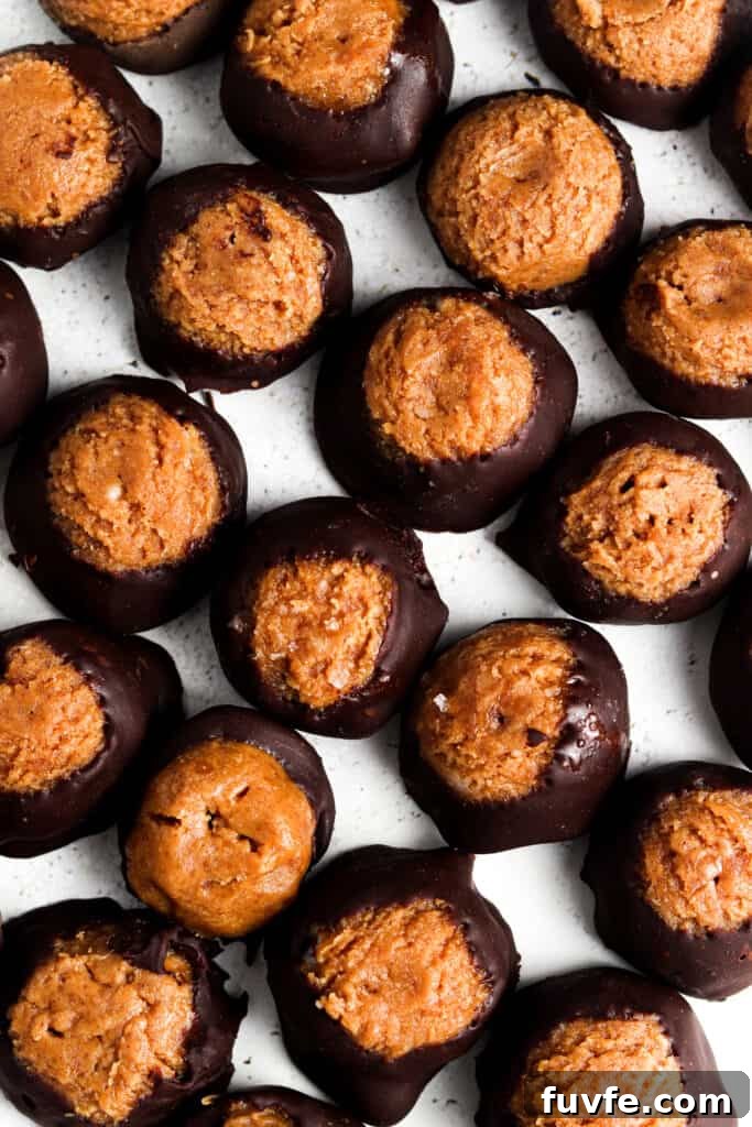 Vegan Peanut Butter Buckeyes: Chocolate Truffle Recipe 2 vegan buckeyes lined up on a sheet