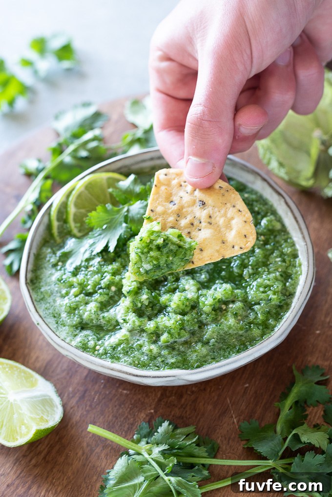Tortilla chip dipped into tomatillo salsa