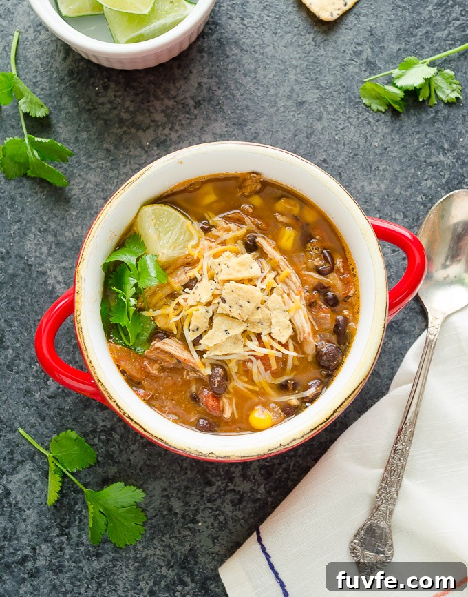 Slow Cooker Chicken Tortilla Soup Recipe with Avocado and Lime 5 Chicken tortilla soup in a bowl with lime wedges and a spoon