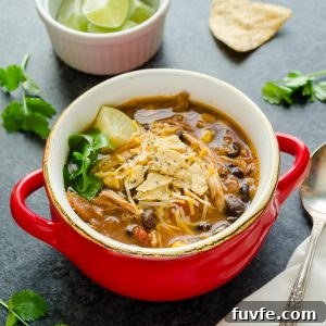 Slow Cooker Chicken Tortilla Soup Recipe with Avocado and Lime 6 Chicken tortilla soup in a red bowl with chips and cilantro