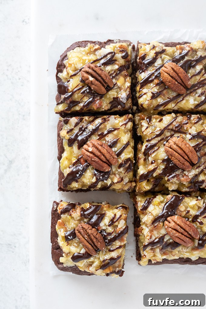 Fudgy German Chocolate Brownies with Coconut Pecan Frosting 3 German Chocolate Brownies recipe cut into squares