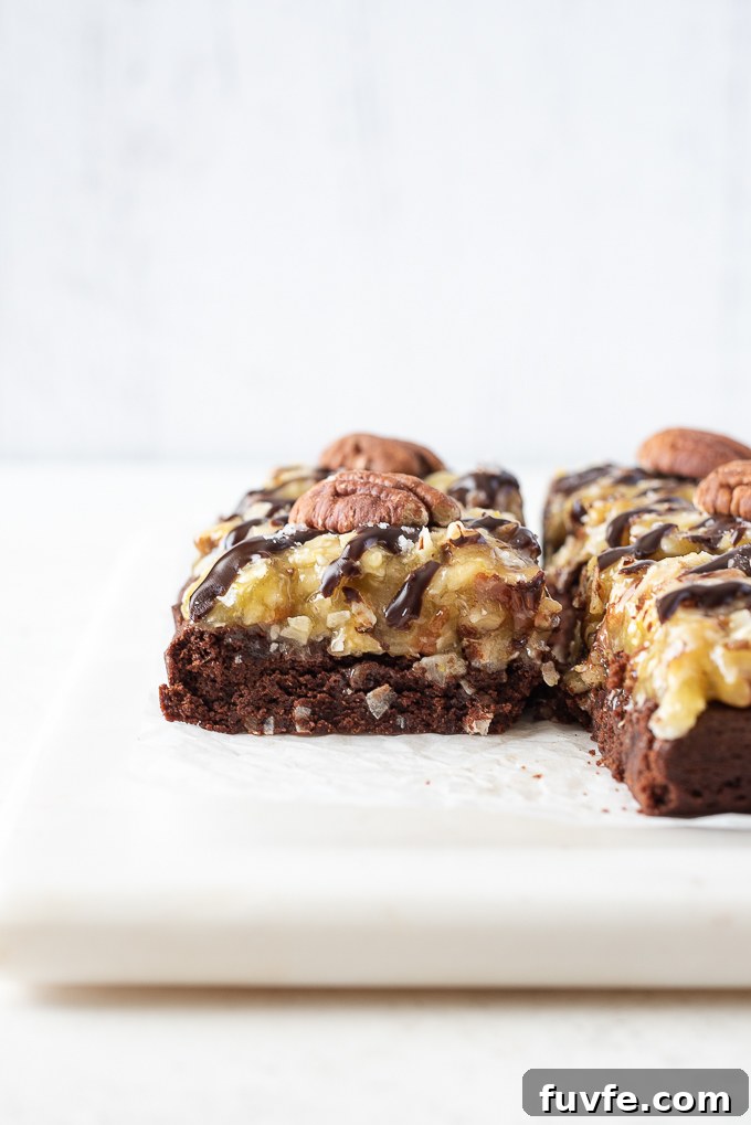 Fudgy German Chocolate Brownies with Coconut Pecan Frosting 8 German chocolate brownie with pecan on top