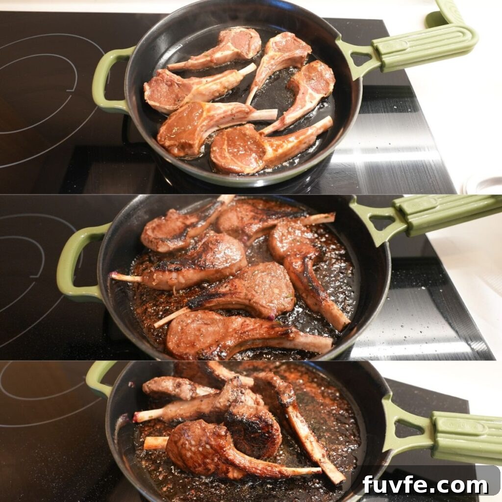 Juicy Garlic Butter Lamb Chops with Rosemary Guide 10 Lamb chops frying in a cast iron skillet.