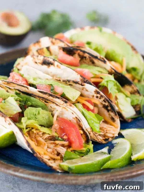 close up image of instant pot chicken tacos