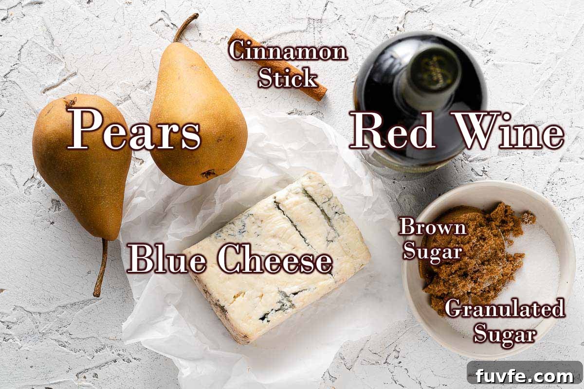 ingredients for poached pears with blue cheese with text overlay