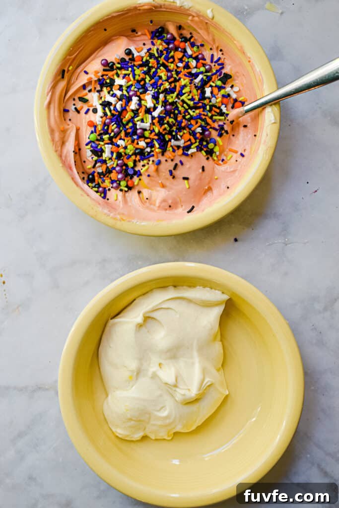 Sprinkles are added to the funfetti cheesecake bar filling mixture