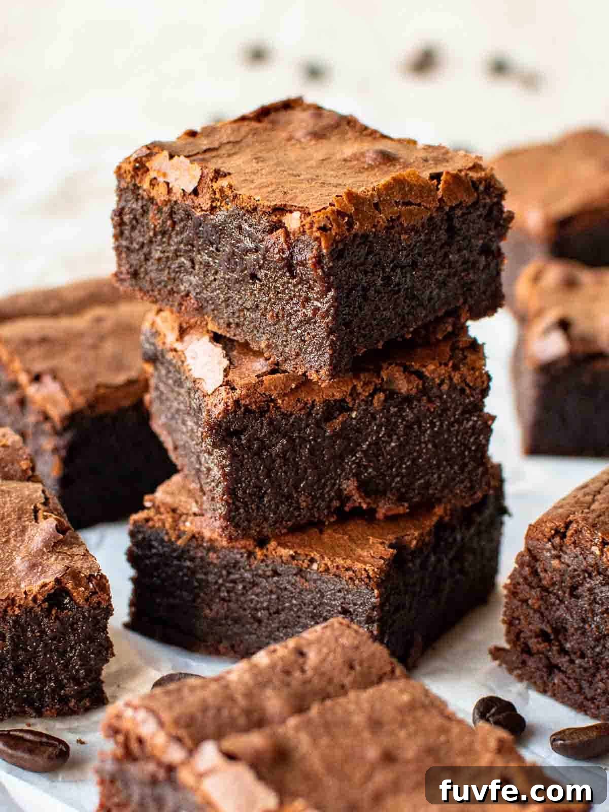 Three espresso brownies stacked with more brownies around.