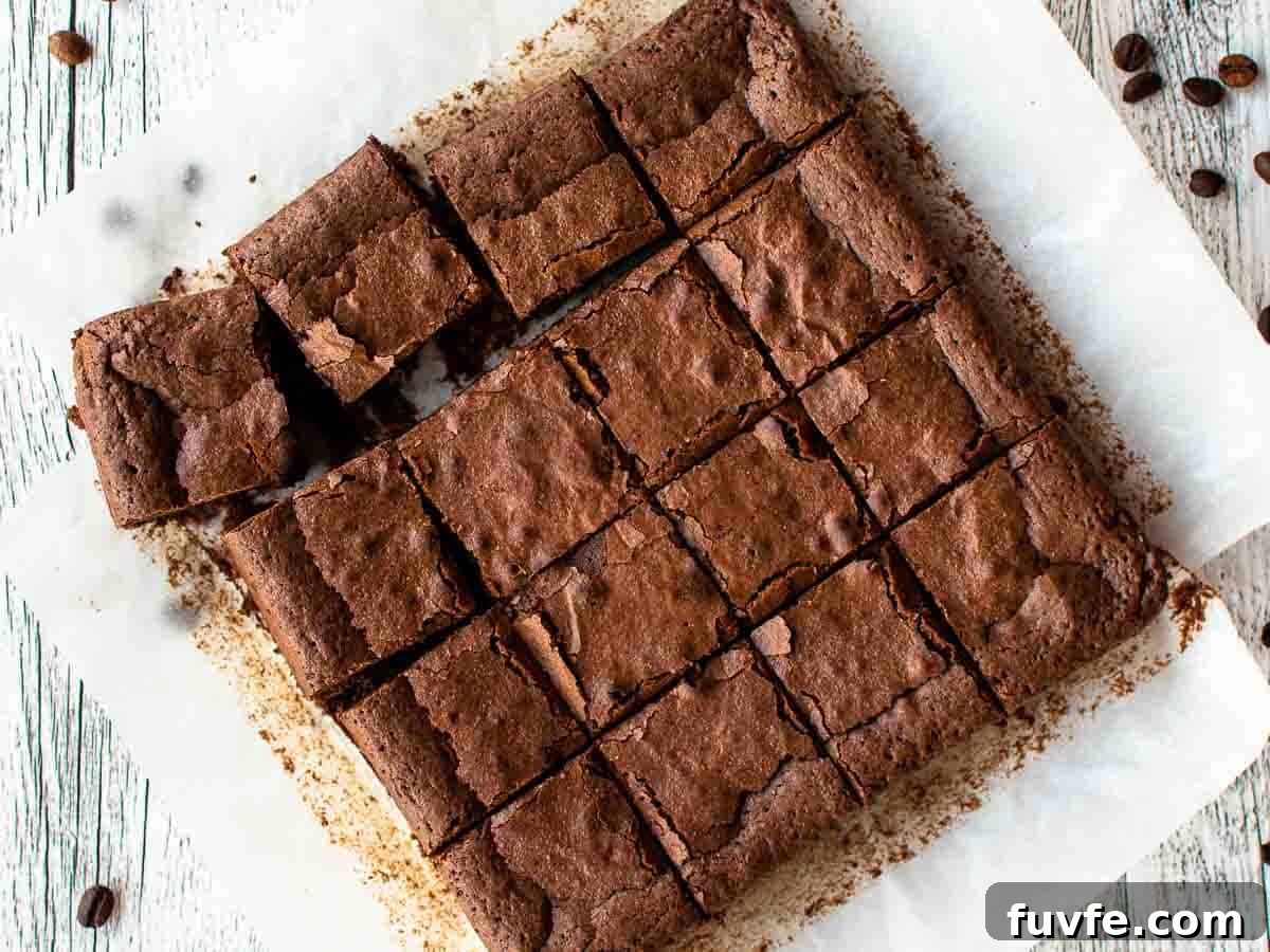 Overhead view of brownies cut into squares.
