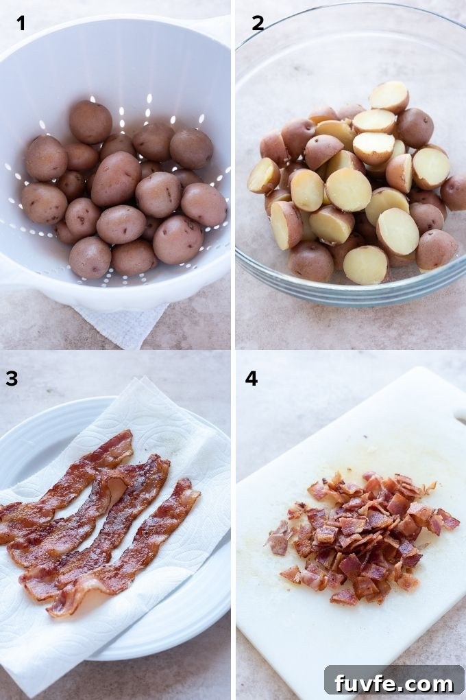 Authentic German Potato Salad Recipe 5 How to cook potatoes and bacon collage for German potato salad