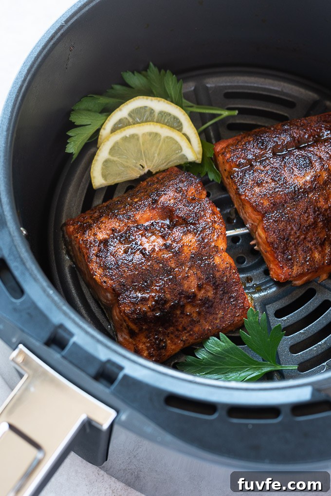 Salmon in air fryer with lemon and parsley