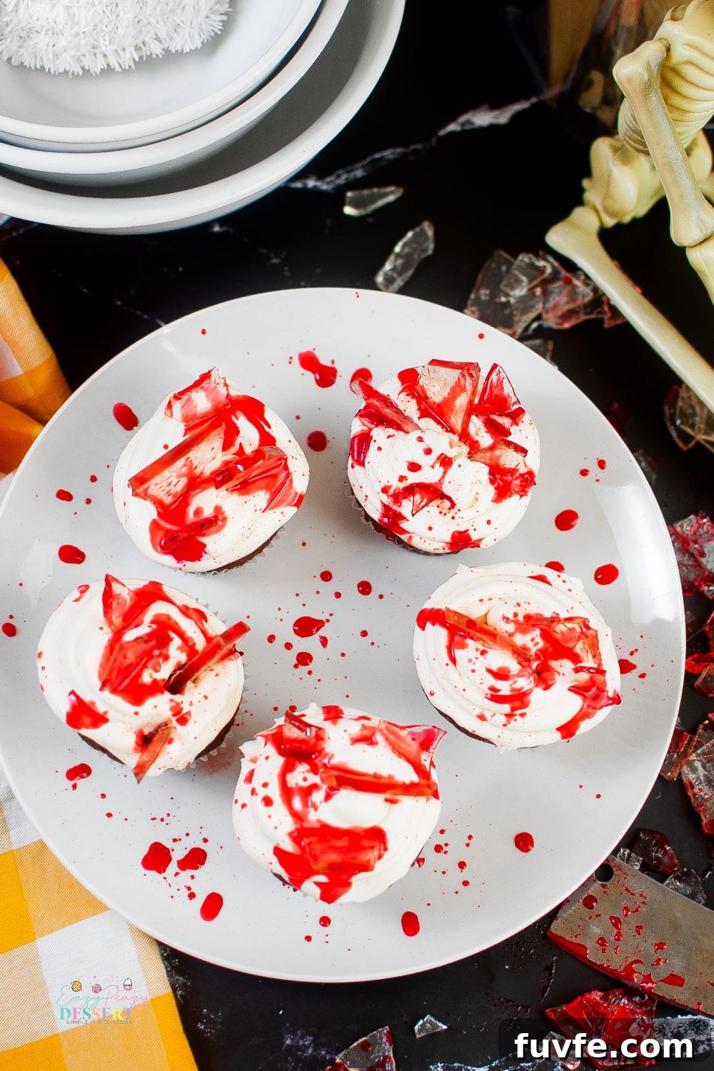 Over head image of Halloween cupcakes with sugar glass shards