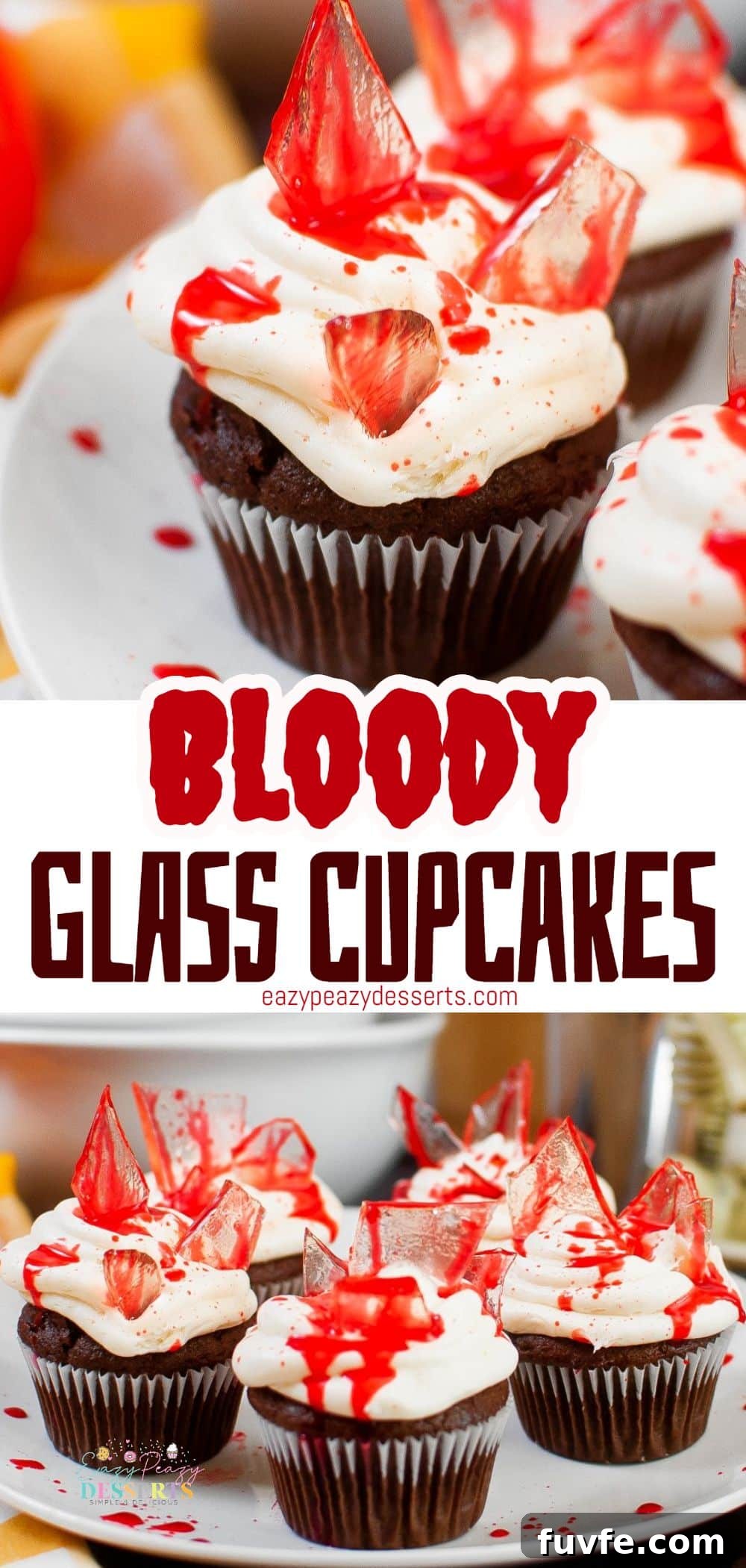 Photo collage of bloody cupcakes for Halloween with fake blood and glass