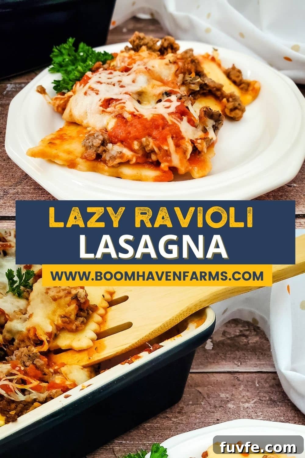 Quick Ravioli Lasagna Recipe for Fast Weeknight Dinners 11 Collage image of lazy lasagna ravioli finished and being served on white dish.