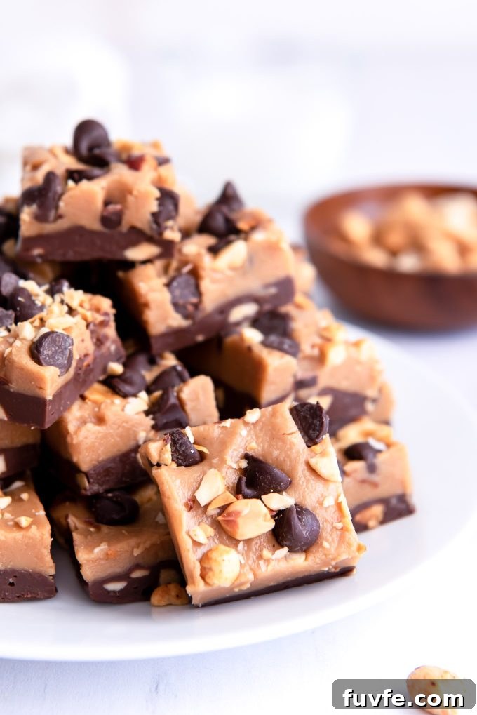 Squares of chocolate peanut butter fudge piled on a white plate