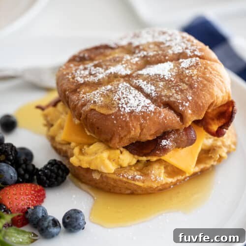 up close french toast breakfast sandwich on a plate with berries.